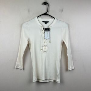 White Ralph Lauren long sleeve top with gold lace up and 3/4 sleeves Size S